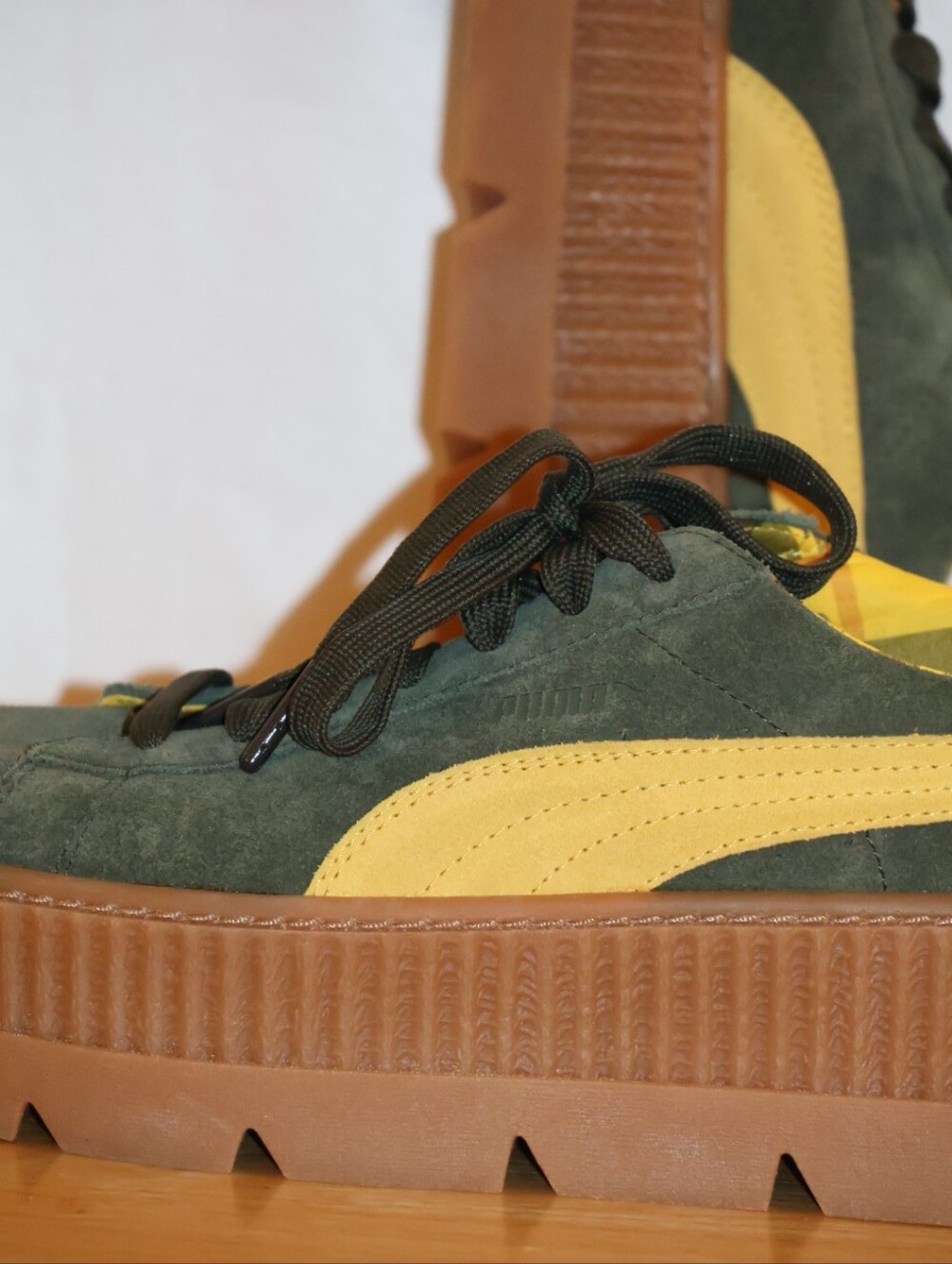 Puma FENTY by Rihanna Green & Yellow Cleated Creeper Suede Platform Sneakers. - Picture 15 of 16